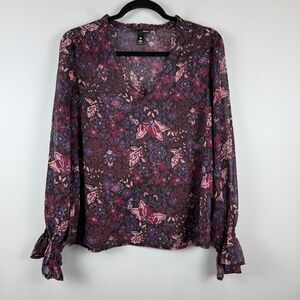 Aqua Top Women's Medium Purple Floral Sheer V-Neck Puff Sleeve Blouse Bohemian